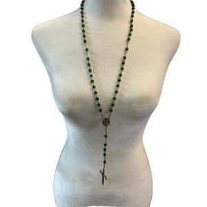 Vintage Rosary Catholic green glass beads Christian Gold Necklace Plated Links